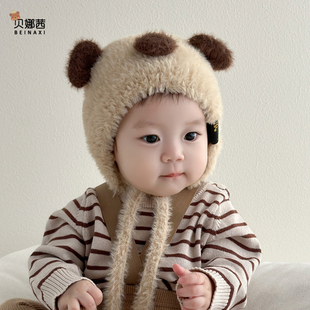 婴儿帽子秋冬季宝宝卡通针织帽婴幼儿卡皮巴拉护耳帽新生儿毛线帽