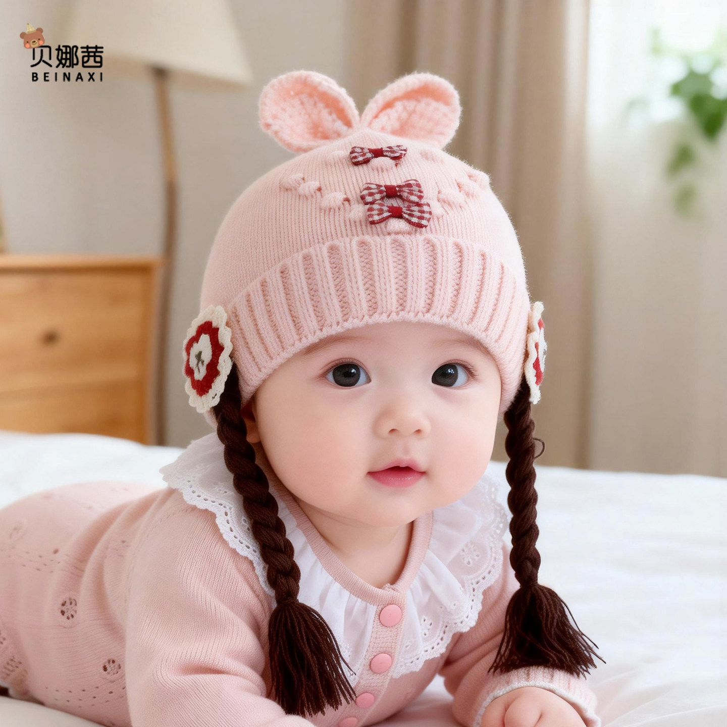 婴儿帽子秋冬季宝宝女可爱针织帽毛线帽婴幼儿洋气外出护耳帽冬天