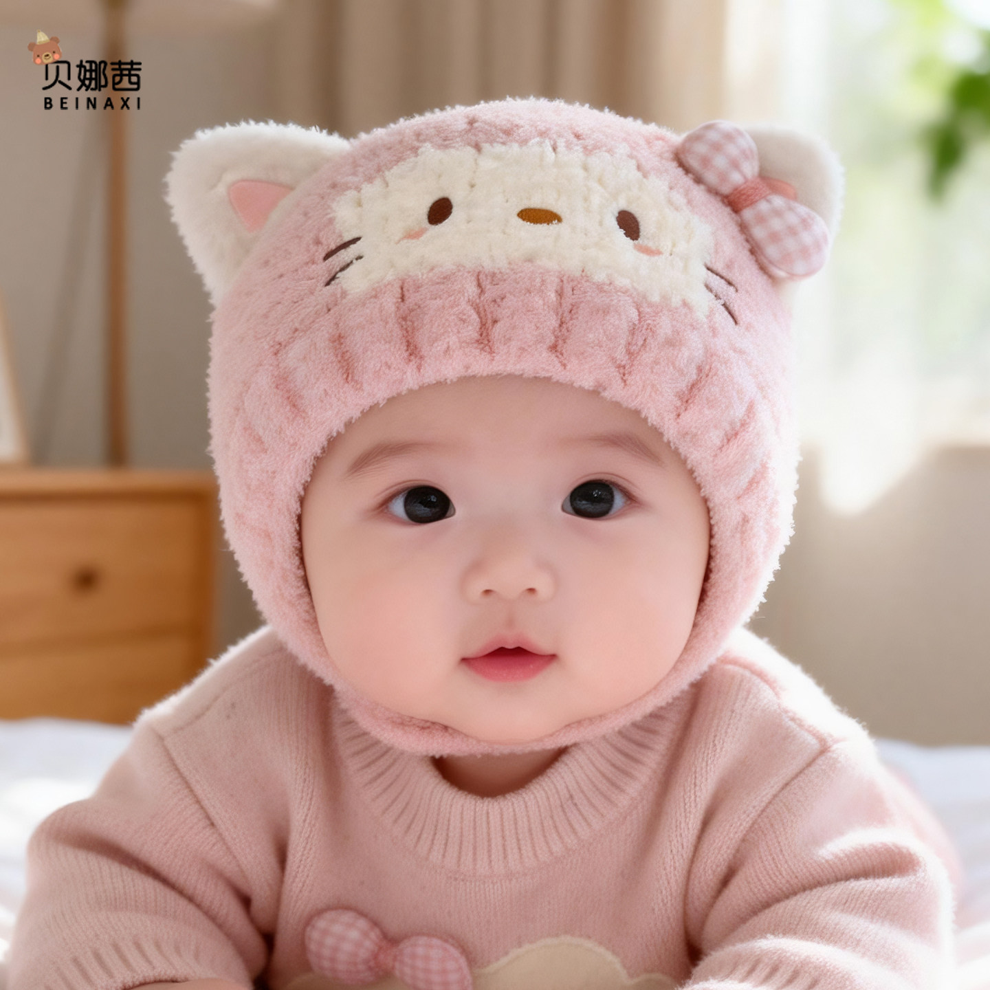 婴儿帽子秋冬季男宝宝女卡通防风护耳帽婴幼儿外出加厚保暖针织帽