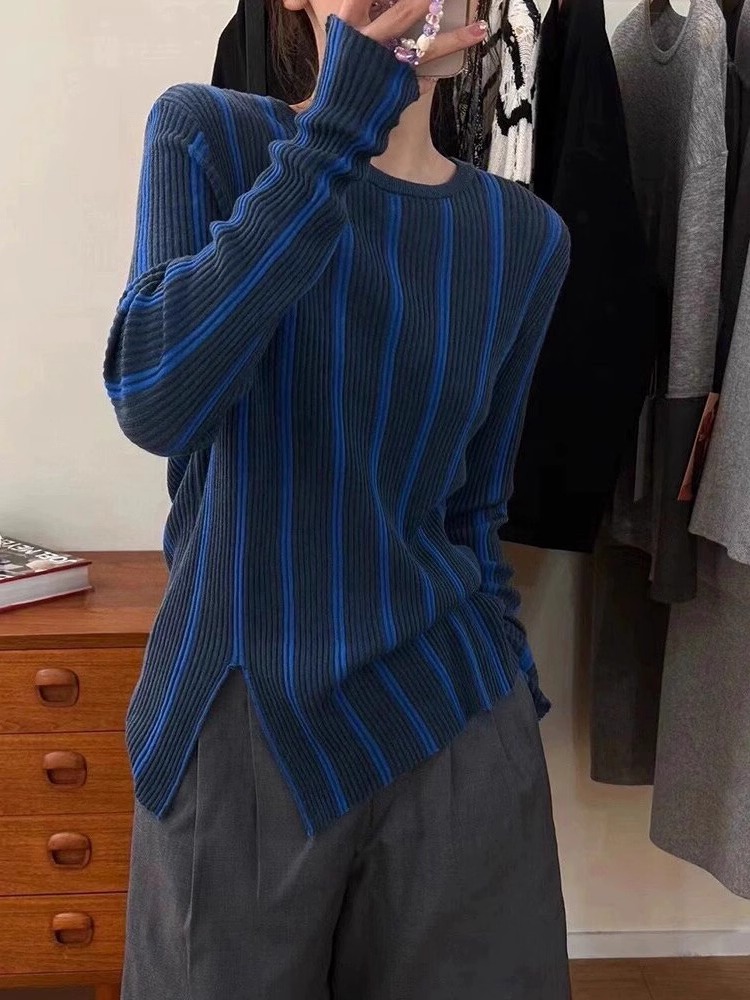 thumbnail for Feel free to take the temperament ~ French celebrity blue pit stripe long-sleeved T-shirt women's design sense niche knit top