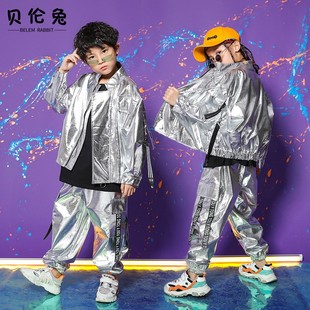 男童架子鼓演出服儿童街舞套装 少儿吉他说唱炫酷银色夹克嘻哈潮服