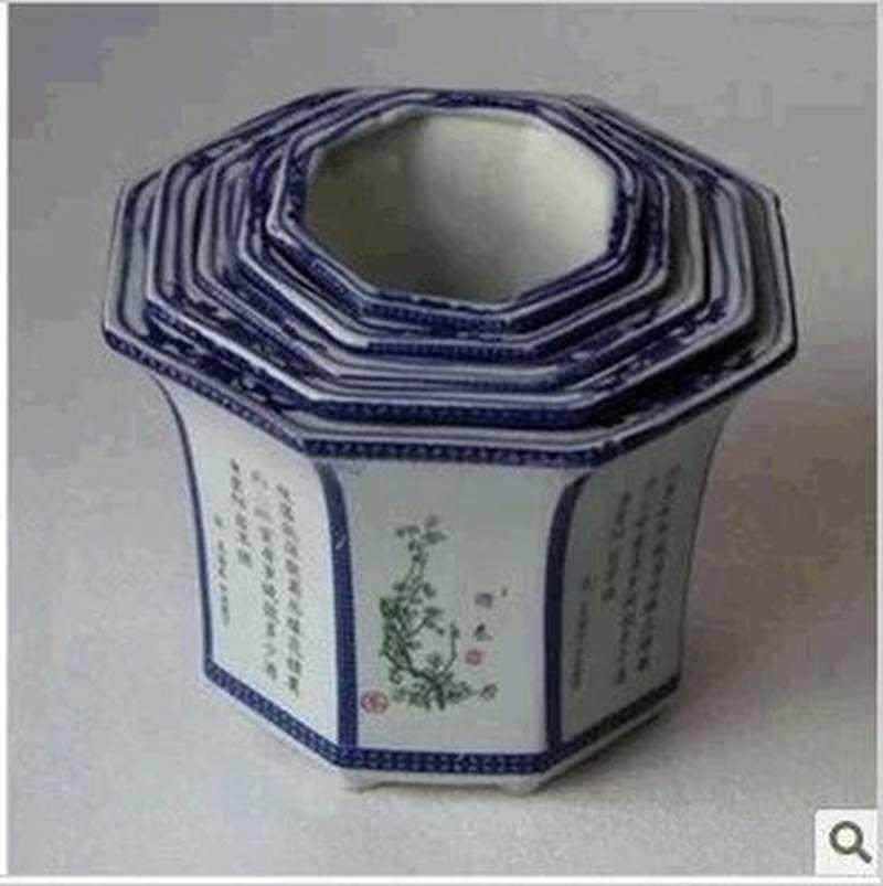 八角花盆大号陶瓷蓝青花瓷花卉植物复古仿古花盆 梅兰竹菊送托盘