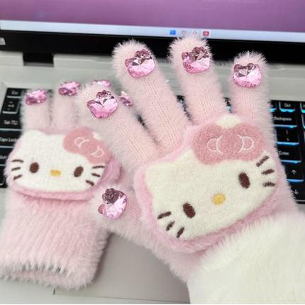 kt猫钻石毛线手套保暖冬防冻HelloKitty女防寒学生骑行骑车仿兔绒