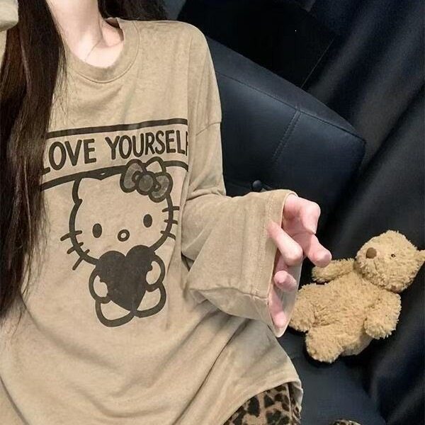 韩系慵懒复古小狗印花条纹早秋