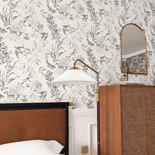 法式复古田园小燕子墙纸客厅卧室沙发背景墙壁纸美式暗纹碎花墙布