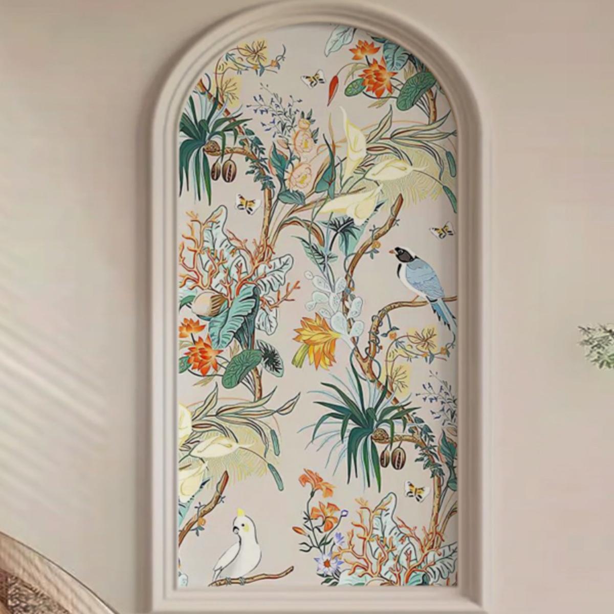 新中式喜上眉梢花鸟玄关装饰拱形过道背景墙纸壁纸壁布墙布壁画