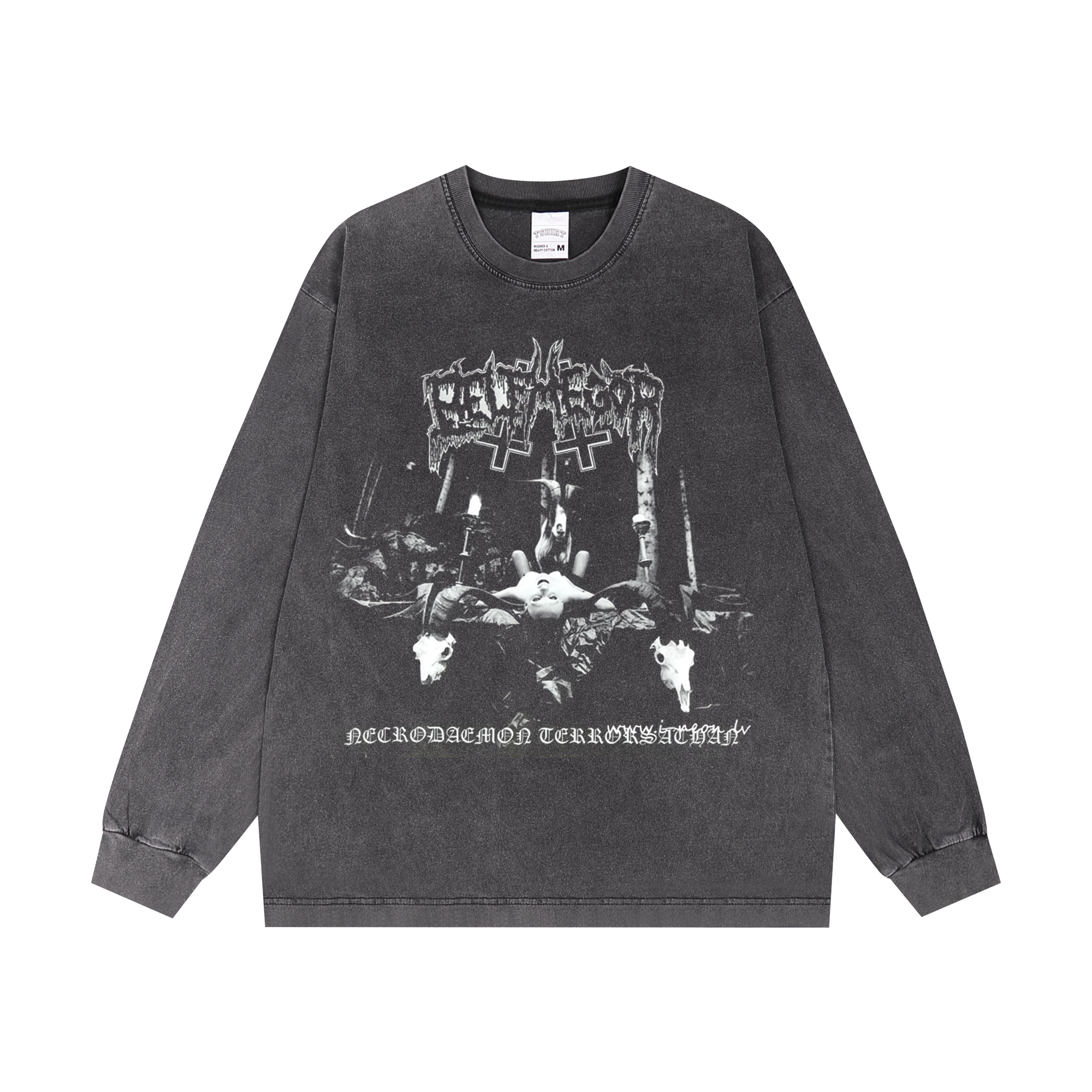 喷印Belphegor黑金属乐队摇滚Vintage长袖T恤纯棉宽松复古做旧