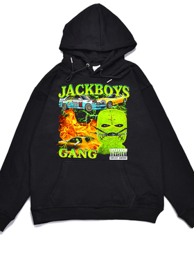 欧美嘻哈说唱专辑JACKBOYS个性印花加绒连帽卫衣宽松外套青少年
