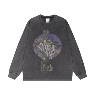 black sabbath黑色安息日重金属摇滚乐队印花长袖T恤宽松复古做旧