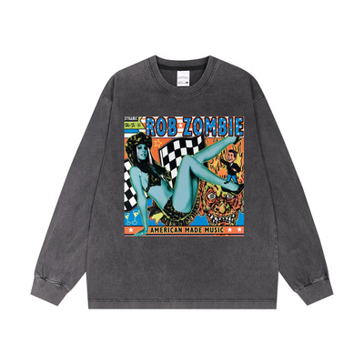数码直喷rob zombie黑金属摇滚印花长袖T恤重磅纯棉宽松复古风