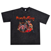 数码 直喷Slayer速度金属乐队杀手水洗做旧印花T恤短袖 宽松可定制