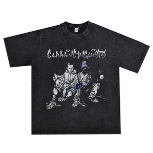 水洗做旧说唱电子舞曲组合Jungle Brothers丛林兄弟乐队印花T恤