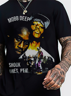 数码直喷东岸硬核说唱Mobb Deep嘻哈组合做旧T恤短袖宽松纯棉男女