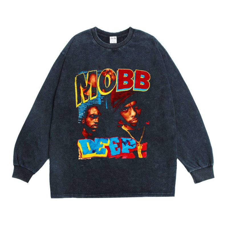 数码直喷东岸硬核说唱Mobb Deep嘻哈做旧印花长袖纯棉T恤男女宽松