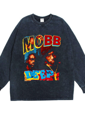 数码直喷东岸硬核说唱Mobb Deep嘻哈做旧印花长袖纯棉T恤男女宽松