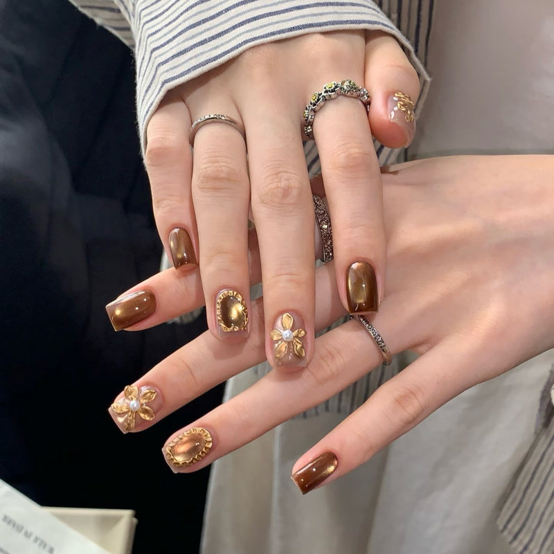 秋棕金花复古手工穿戴甲