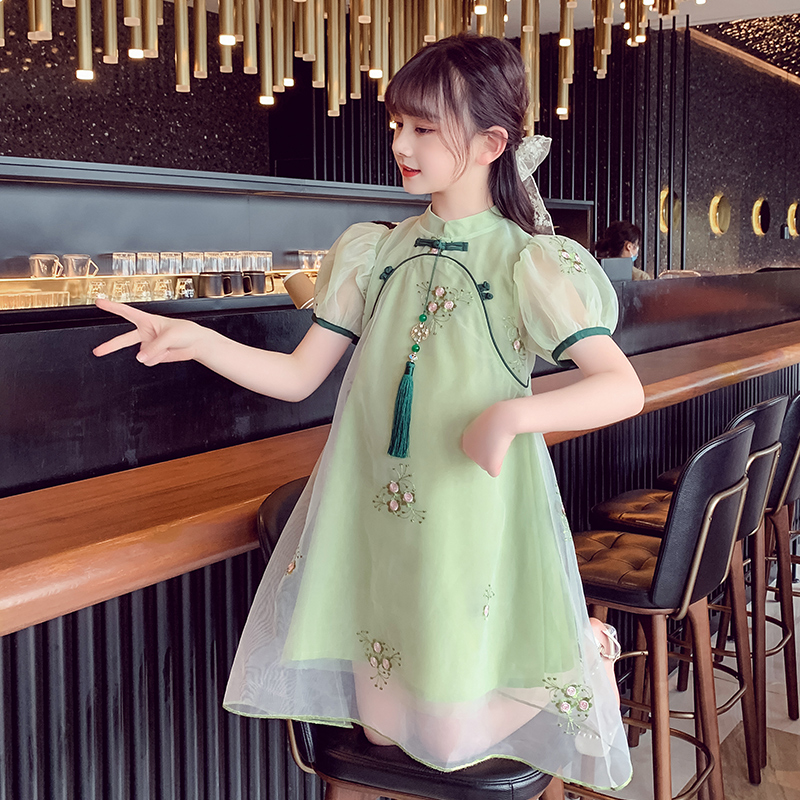女童夏季连衣裙2025新款时尚中大童民族风短袖公主裙儿童旗袍裙子