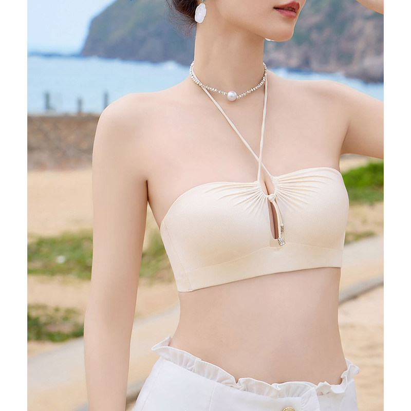 挂脖绑带内衣女小胸聚拢防滑性感镂空日系一字肩无肩带纯色文胸罩
