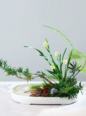 小原流日式插花花盆 特大椭圆小判花器 50cm以上陶瓷花盆 写景盛