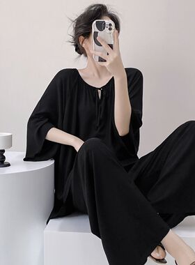 韩版棉绸睡衣女款春夏季高级感宽松大码短袖长裤家居服套装可外穿
