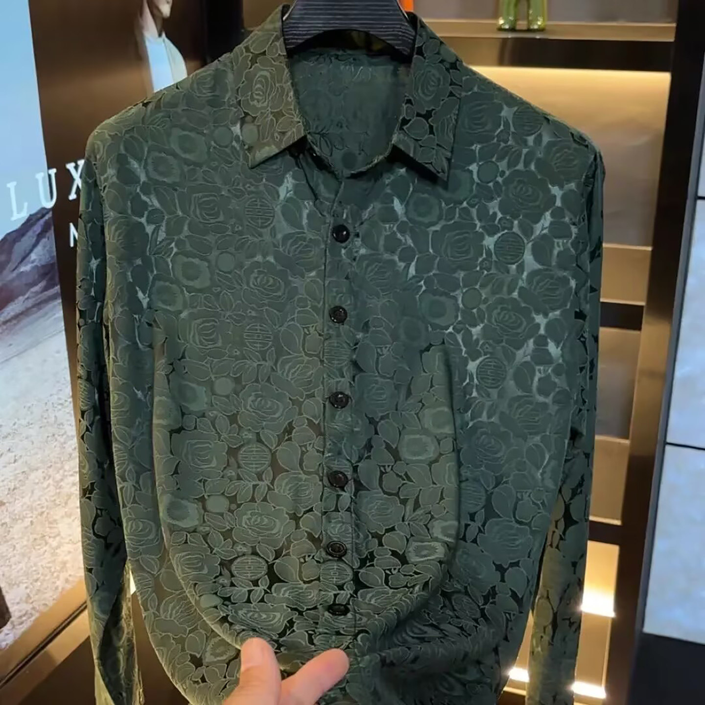 宏嫩男装碎花时尚国风衬衫春夏男士翻领长袖打底衫高级感百搭上衣