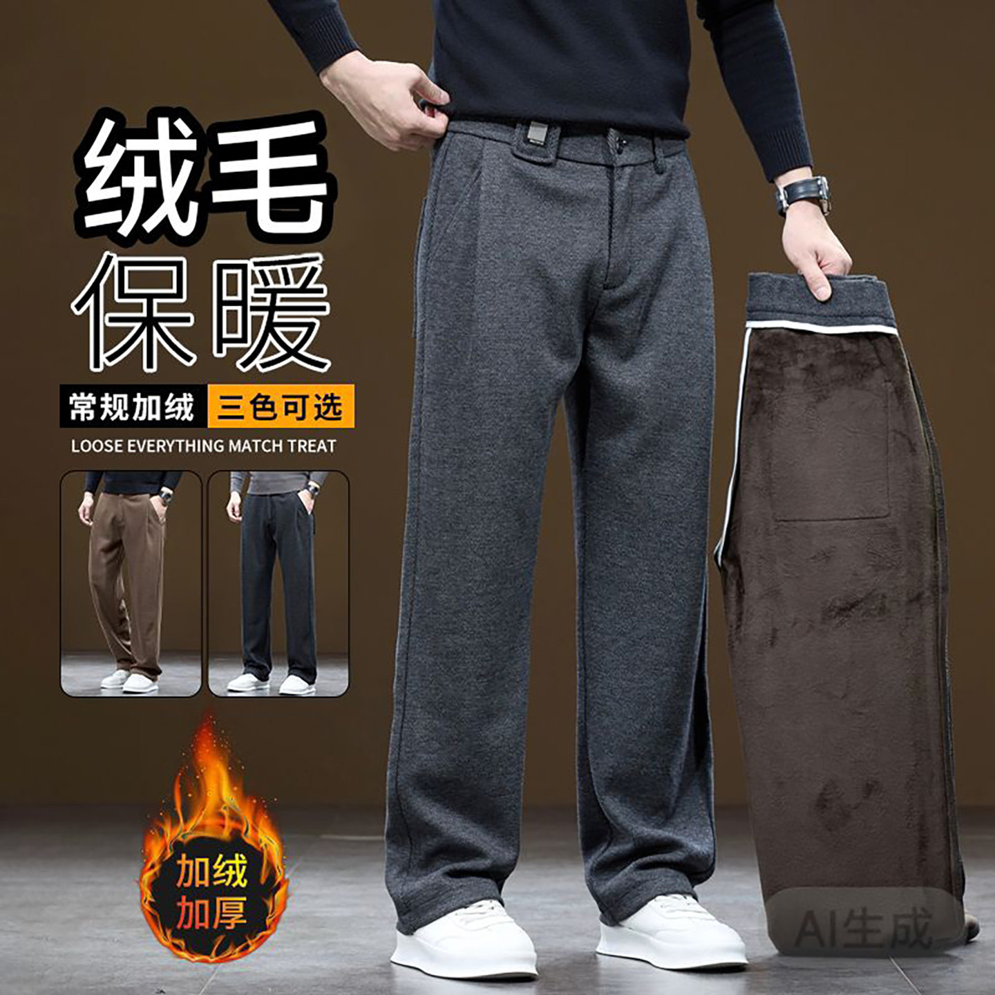 宏嫩精选男裤高端加绒加厚休闲裤秋冬男士款商务西裤直筒宽松裤子