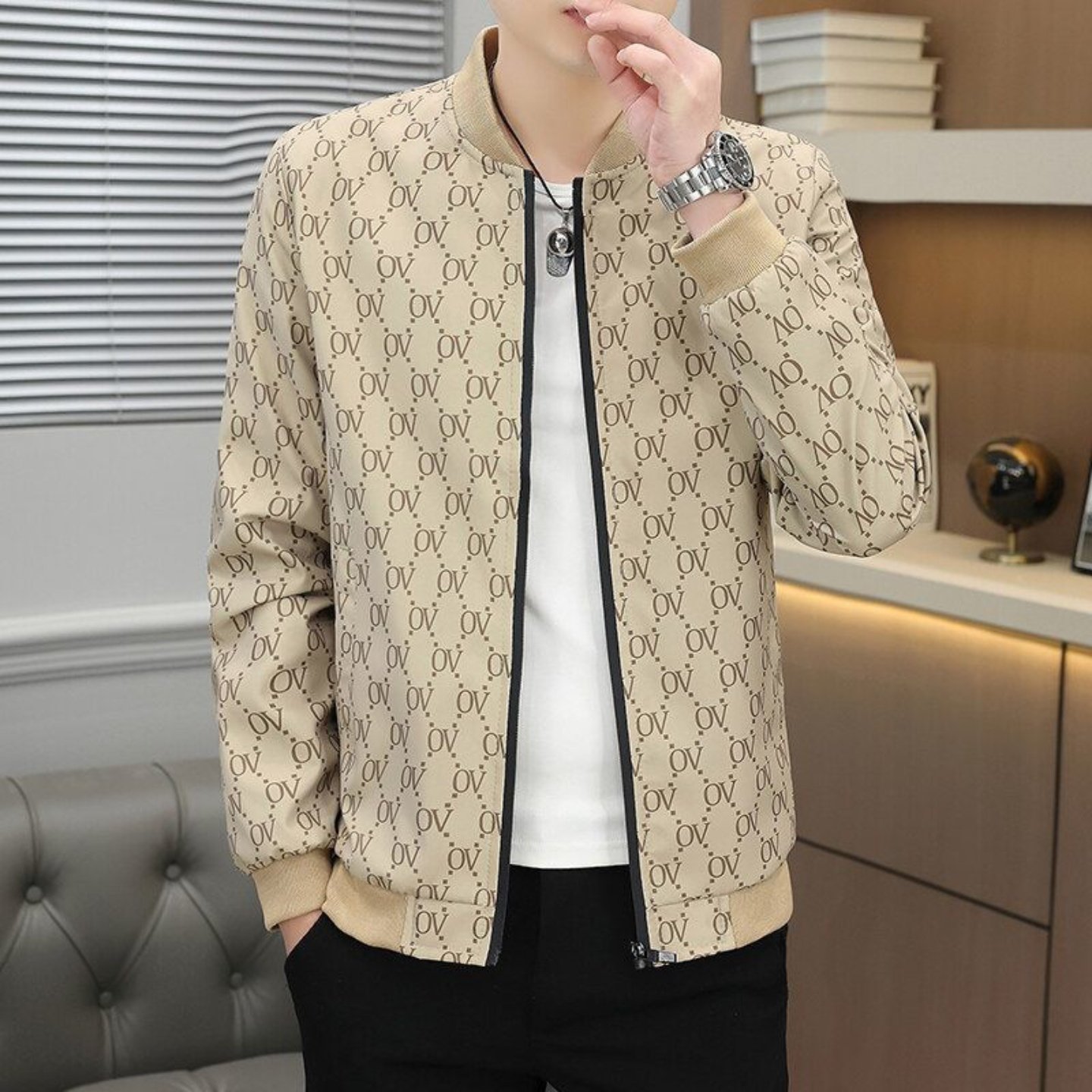 蒙埃帝克男装淡酉百货男士青年印花夹克外套时尚百搭棒球服上衣男