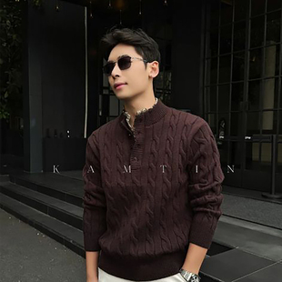 宏嫩冬季精品男装店老钱风绞花编织假两件毛衣亨利领慵懒感针织衫