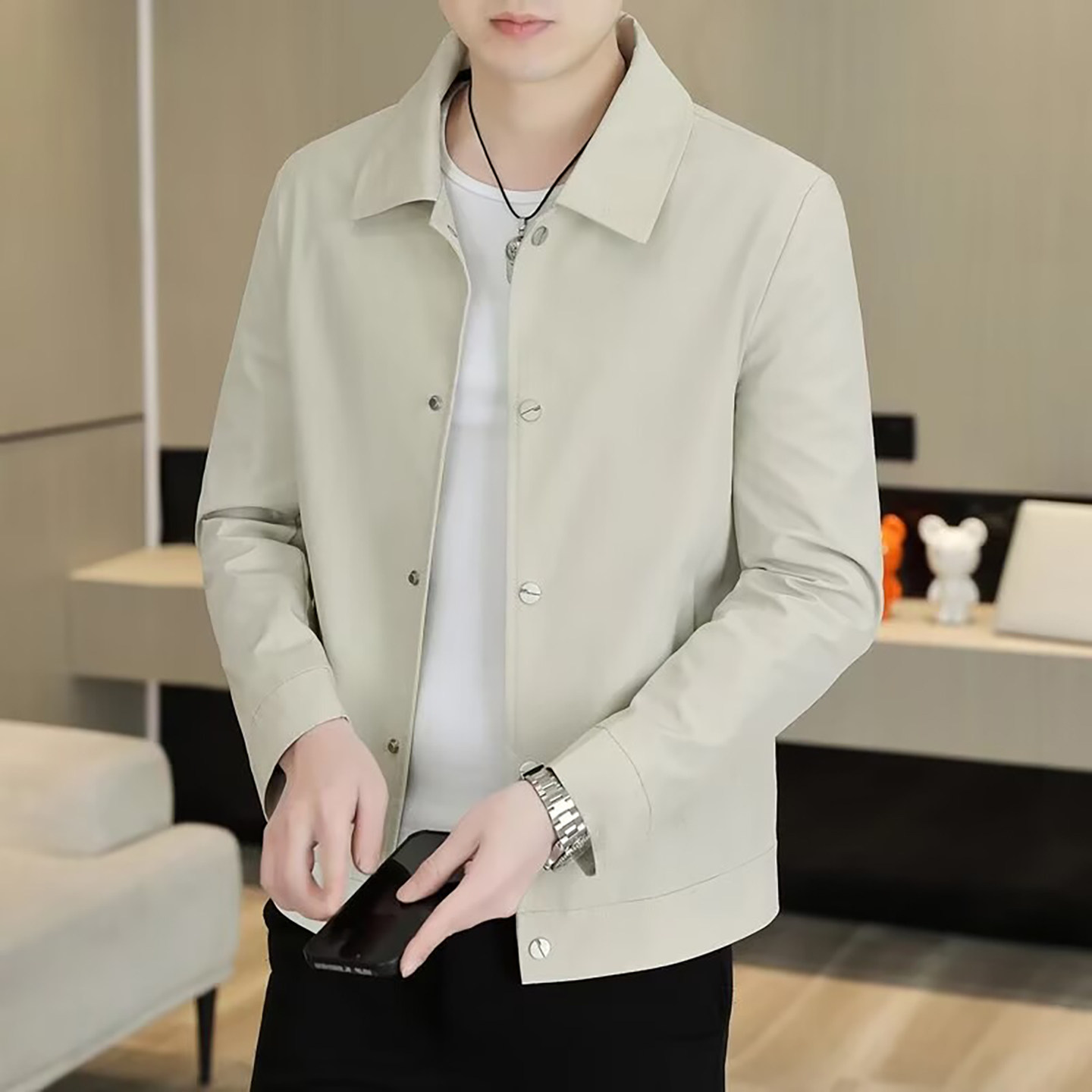 宏嫩精品男装高档翻领夹克2026春秋男士时尚休闲外套潮流纯色上衣