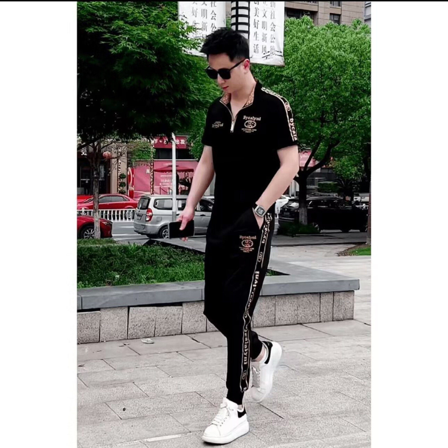 敬界男装高档立领时尚短袖套装2026新款春夏男士款休闲百搭两件套