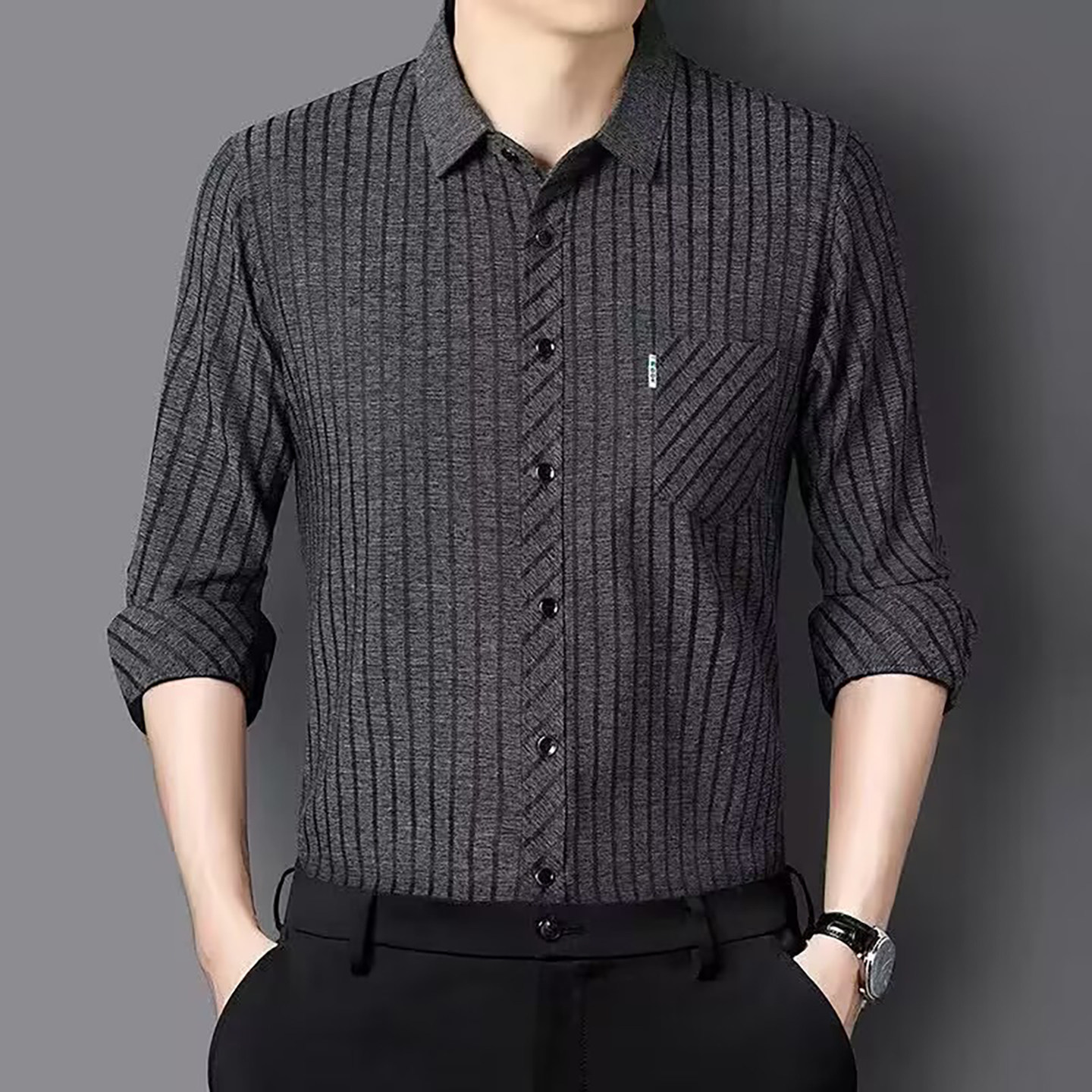 河南宏嫩商贸有限公司男装高奢条纹衬衫春秋男士休闲宽松弹力上衣