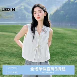 乐町翻领设计甜美系带上衣25年夏季 新款 刺绣图案无袖 马甲造型小衫