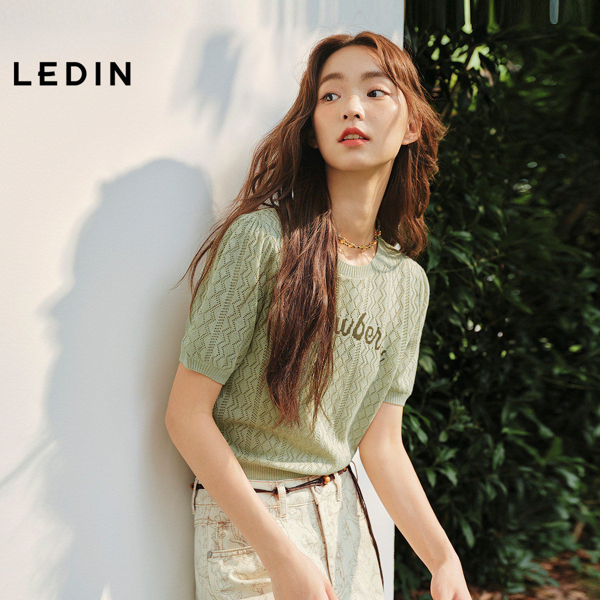 【商场同款】乐町镂空针织短袖秋季新款字母提花T恤上衣C1EEF3137