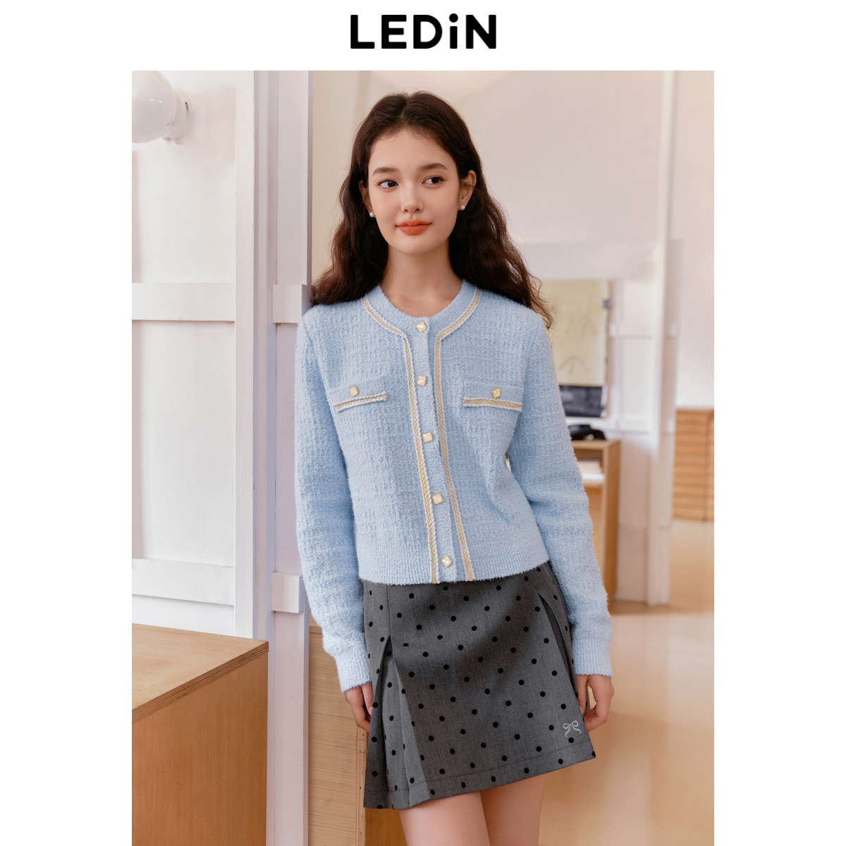 【反季清仓】乐町小香风线开衫女冬季毛衣外套针织毛衫时尚上衣