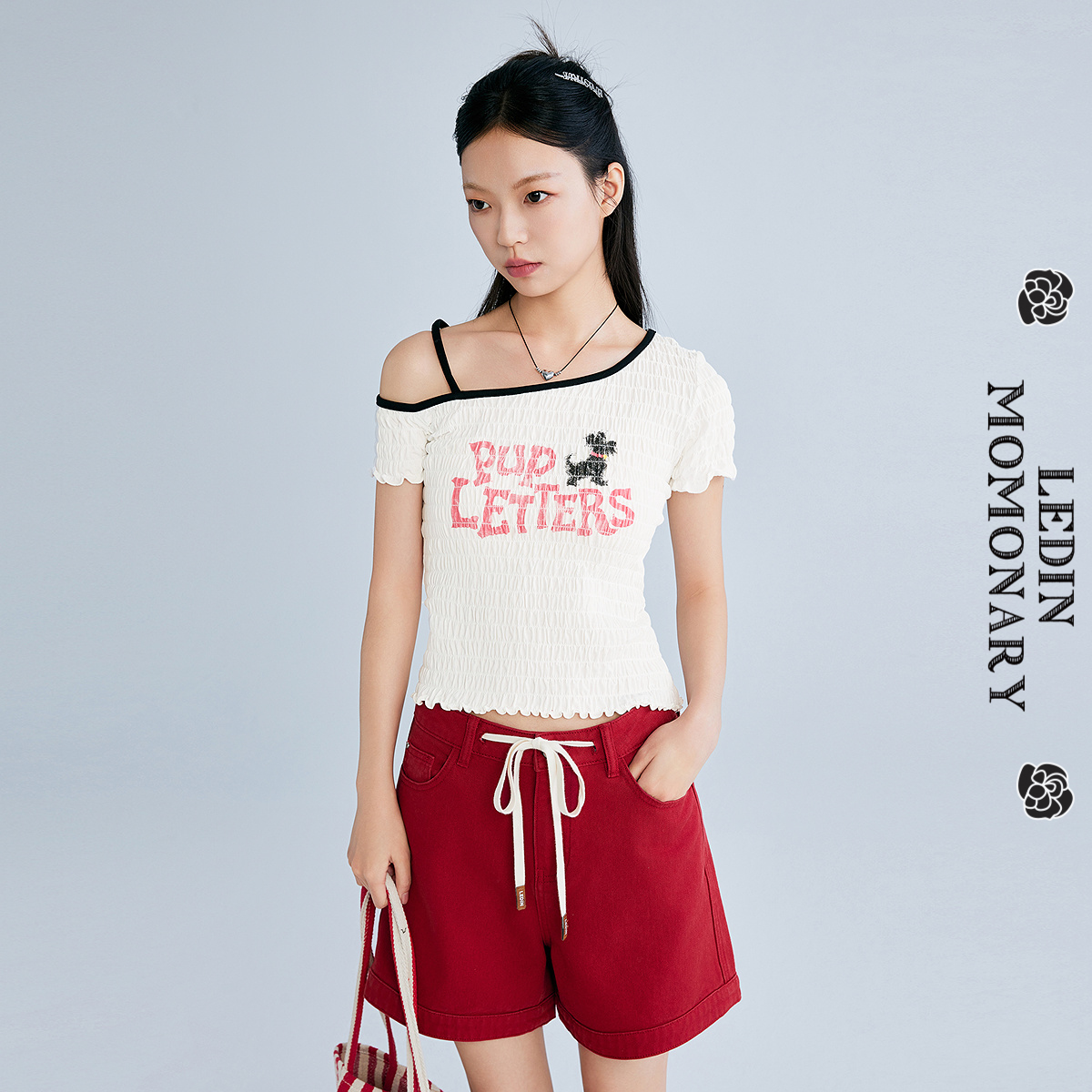 【商场同款】乐町抽皱斜肩短袖T恤夏设计感修身上衣短袖C2CNF2507