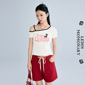 商场同款 乐町抽皱斜肩短袖 T恤夏设计感修身 上衣短袖 C2CNF2507