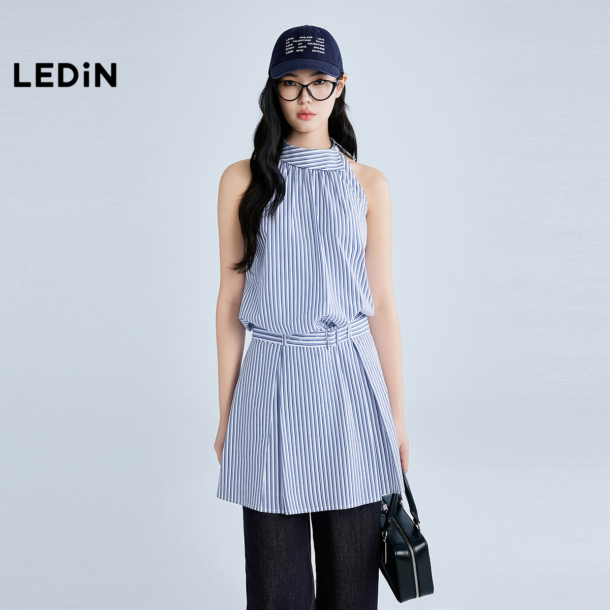 【商场同款】乐町条纹斜领无袖连衣裙25年夏季新款裙子C2FAF2328