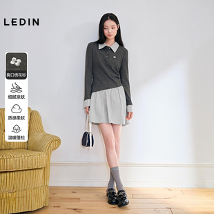 乐町不规则下摆拼接假两件连衣裙女装2026春季新款翻领半开襟裙子