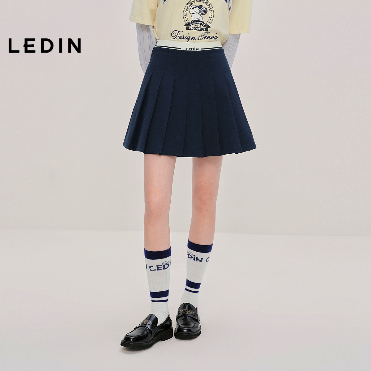 【商场同款】乐町松紧腰撞色百褶裙秋季新款A字半身裙C2GEF3311