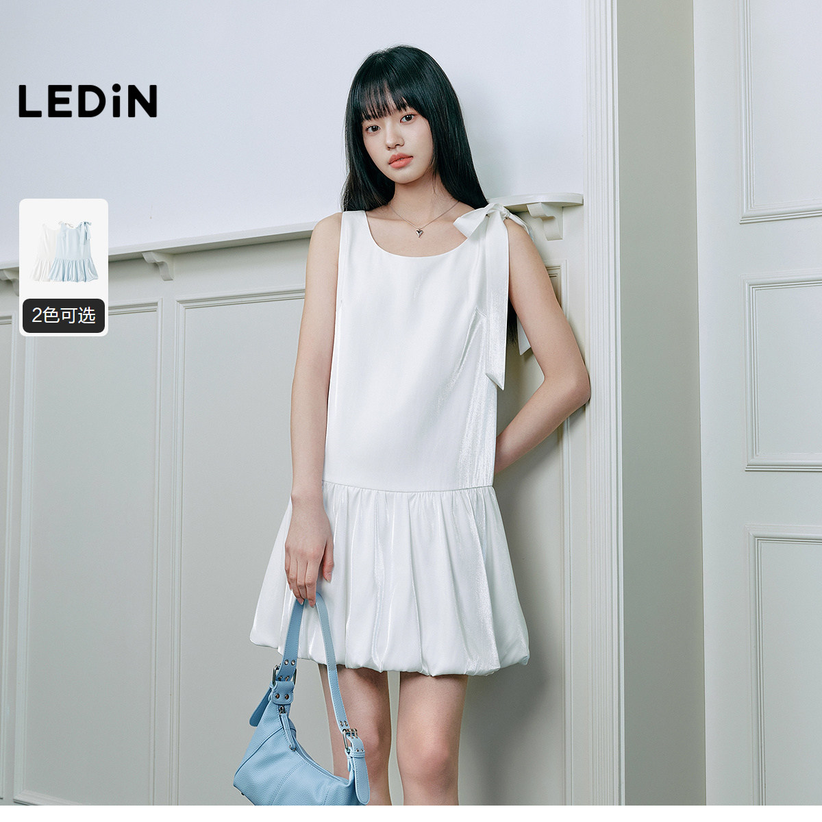 乐町侧领口绑带连衣裙女2025年夏季新款无袖精致缎面花苞下摆裙子