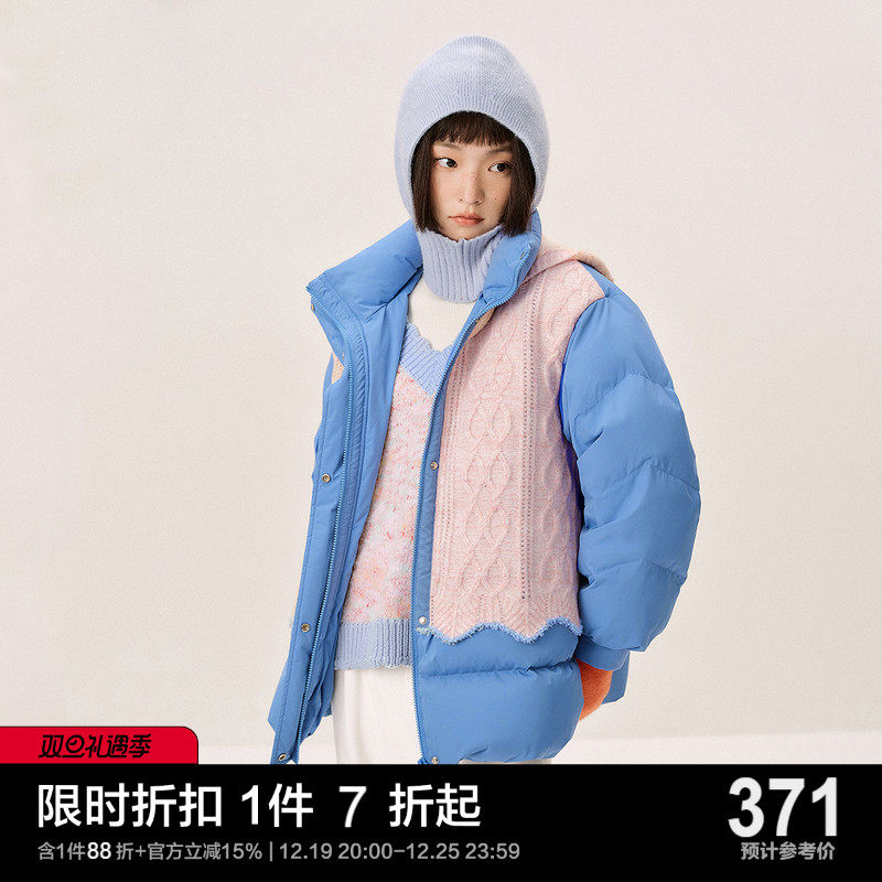 乐町针织拼接羽绒服休闲冬季新款短款羽绒女宽松时尚