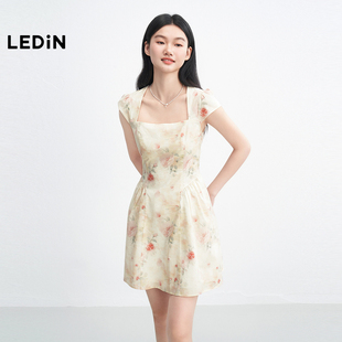 乐町晕染花卉法式梯形领连衣裙女2025年夏季新款短款碎花全棉裙子