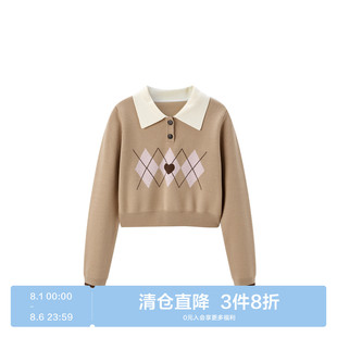 秋菱格学院风毛衣C1EED4271 乐町甜美撞色polo针织衫