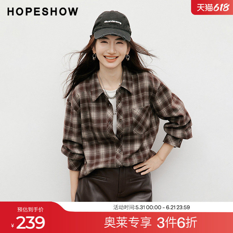 红袖2025冬季新款女装 撞色格纹不对称单排扣落肩翻领衬衫