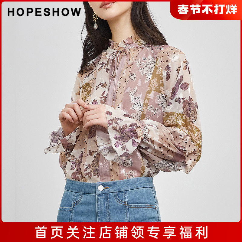 红袖outlets甜美木耳边系带雪纺纱hopeshow2021秋款套头衬衫女