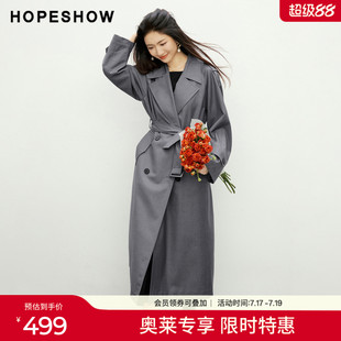 红袖2026春季新款女装  复古双排扣系带后开叉长袖翻驳领长款风衣