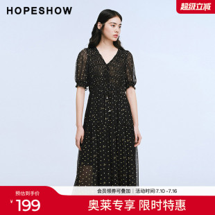 红袖2025夏季新款女装 波点字母印花木耳边拼接泡泡袖V领连衣裙