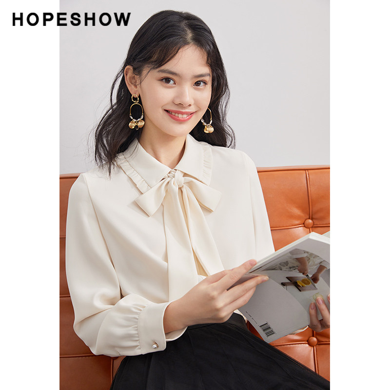 红袖outlets木耳边飘带雪纺衫hopeshow2021新款法式纯色气质衬衫