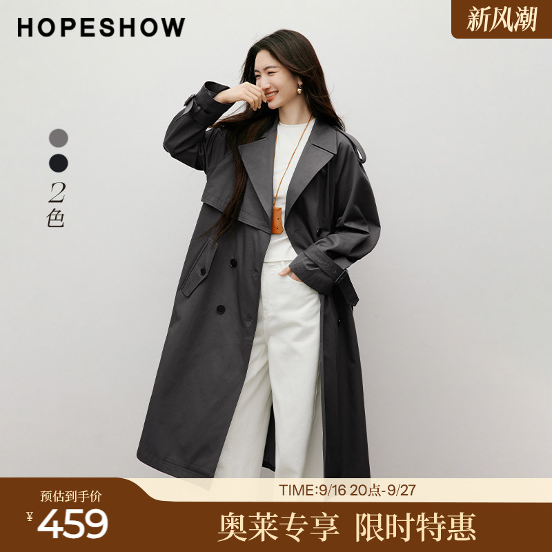 红袖2025秋季新款女装 系带双排扣插肩袖翻驳领中长风衣外套