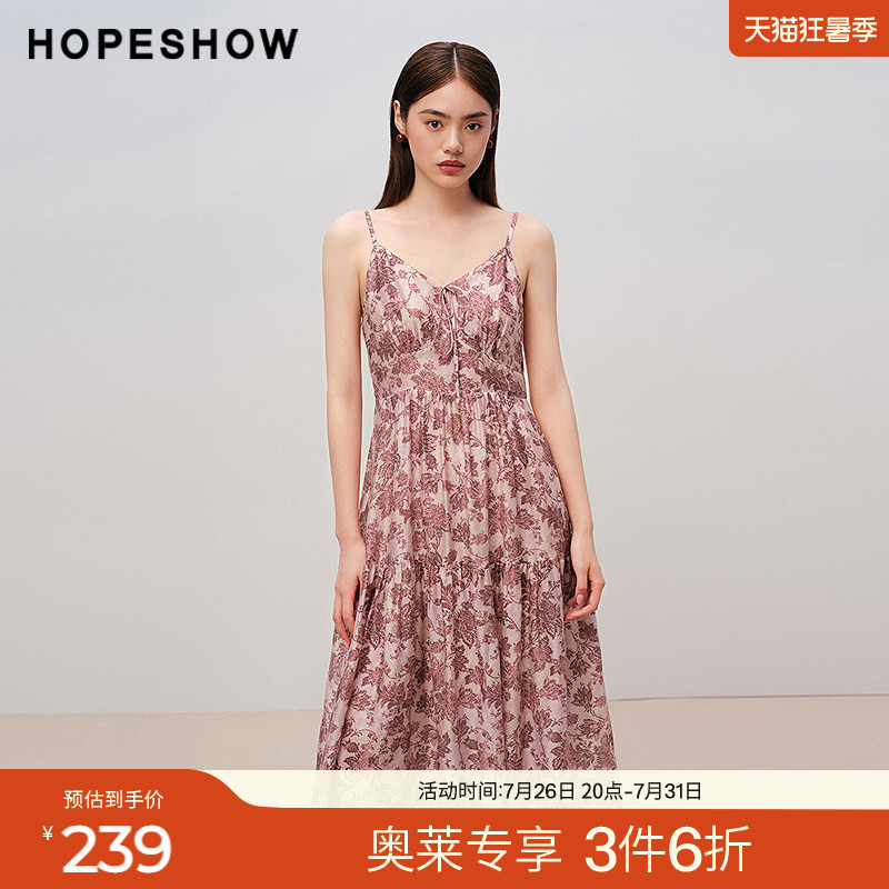 红袖2025秋季新款女装 花卉印花系带打揽浅V领中长吊带连衣裙
